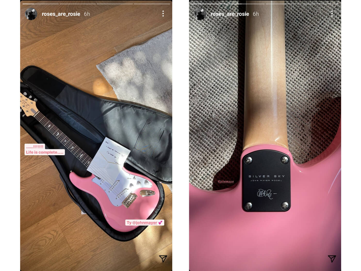 John Mayer Prs Silver Sky在Roxy Pink Rose Instagram故事中