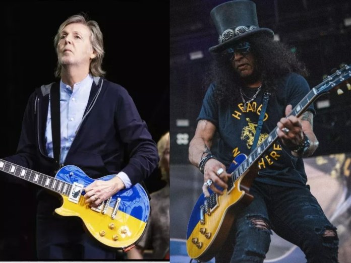 吉布森吉他的和平吉他莱斯·保罗·保罗定制由Slash和Paul McCartney扮演